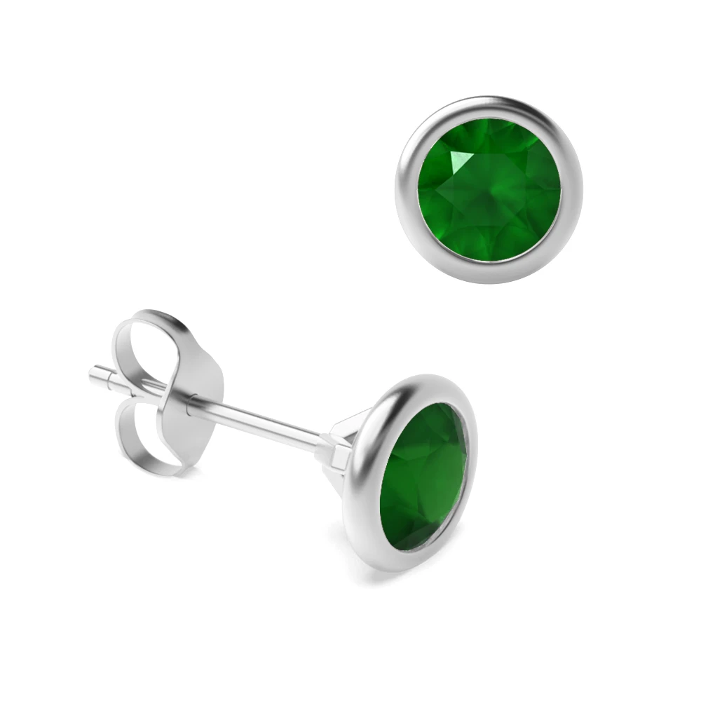 Open Rubover Setting Round Emerald Gemstone Stud Earrings