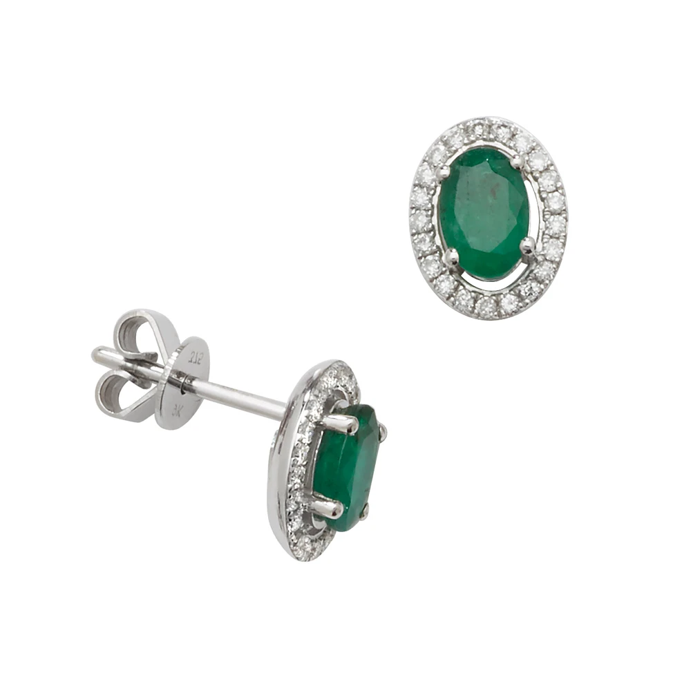 Oval Shape Halo Diamond and Emerald Gemstone Earrings