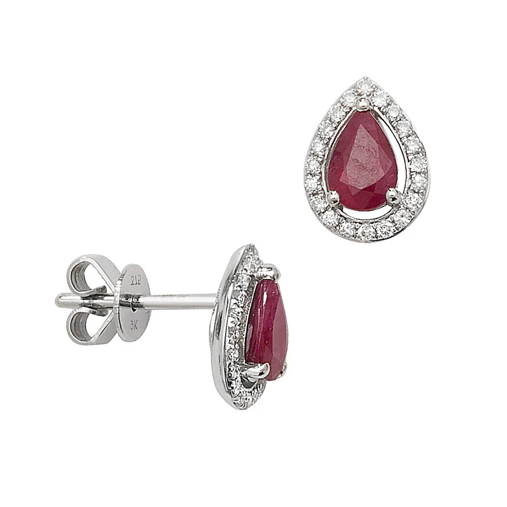 Pear Shape Halo Diamond and Ruby Gemstone Earrings