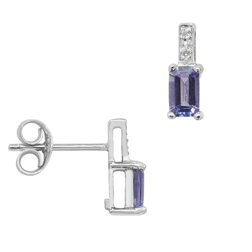 Rectangular Shape Bar Drop Diamond and Tanzanite Gemstone Earrings