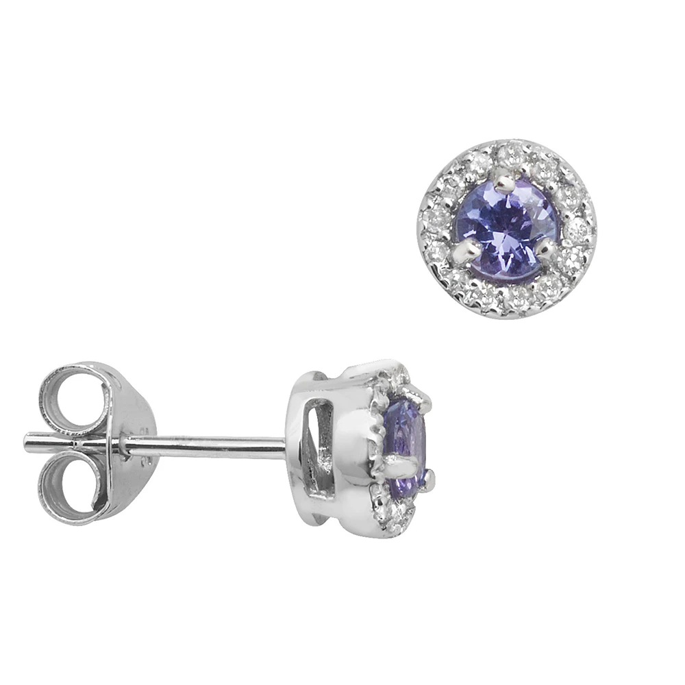 Round Shape Halo Diamond and Tanzanite Gemstone Earrings