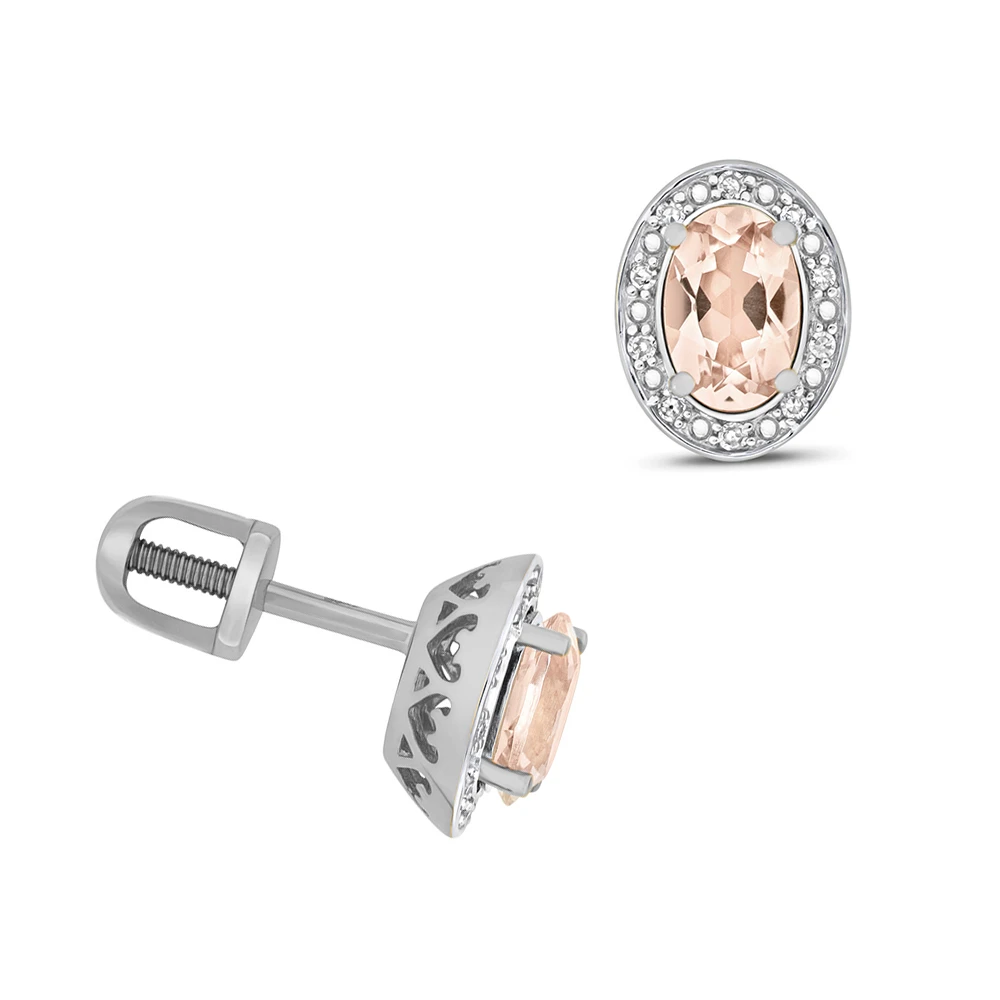 Oval Shape Halo Diamond and 6 X 4mm Morganite Gemstone Earrings