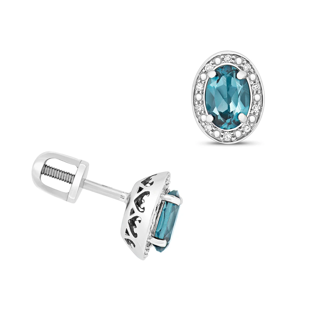 Oval Shape Halo Diamond and 6 X 4mm Blue Topaz Gemstone Earrings