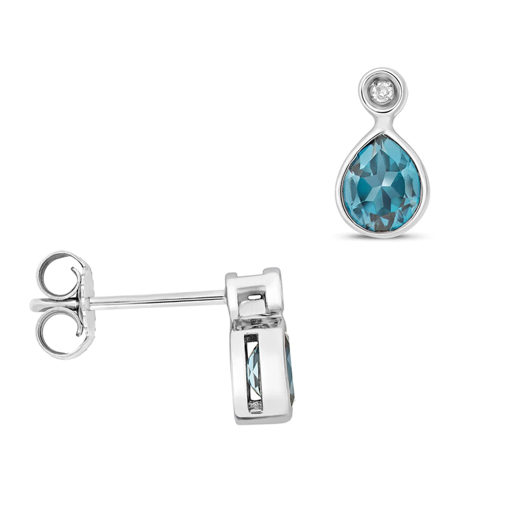 Pear Shape Drop Diamond and 5 X 4mm Blue Topaz Gemstone Earrings