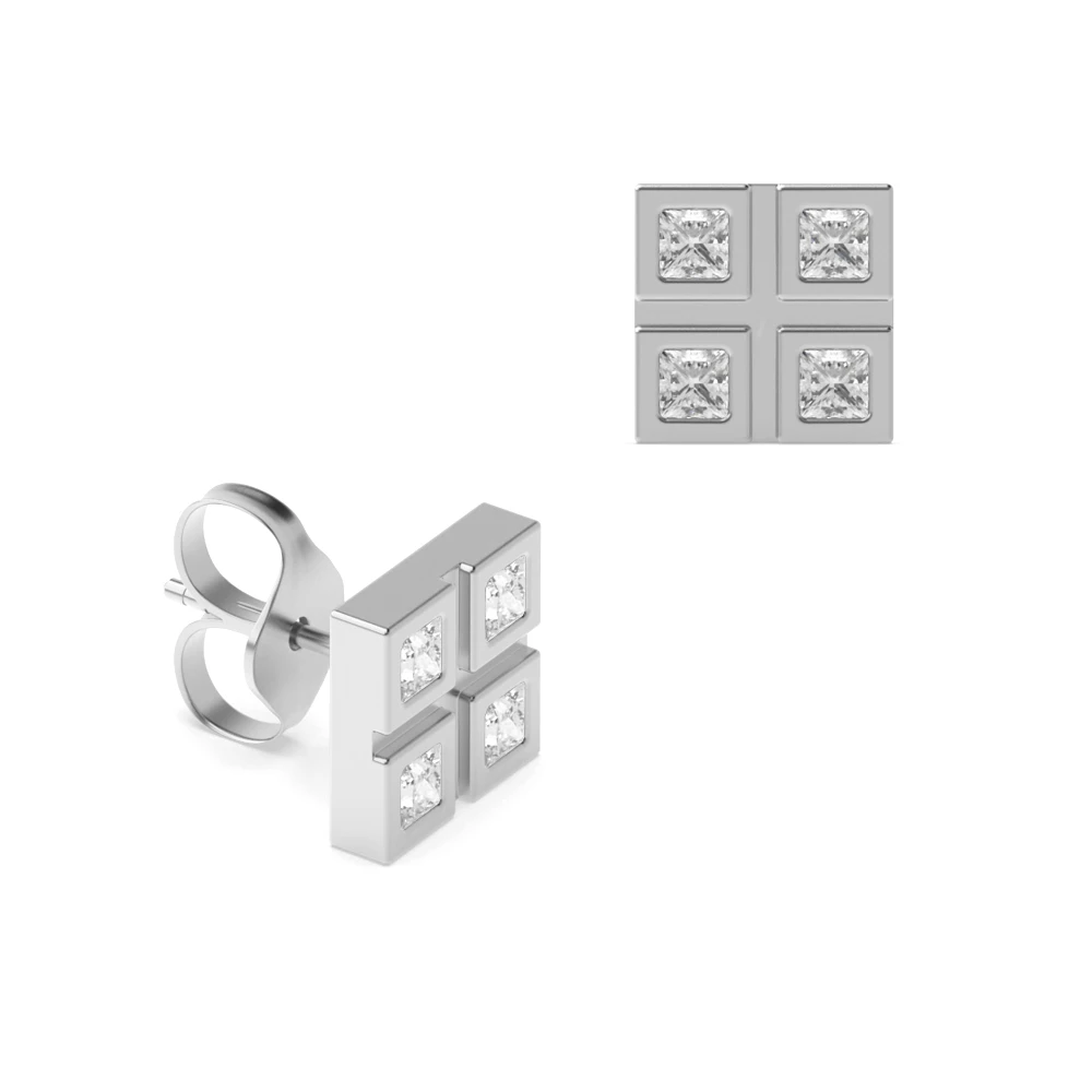 Four Square Diamonds Set in Flush Setting Diamond Earrings for Men (8.00mm)
