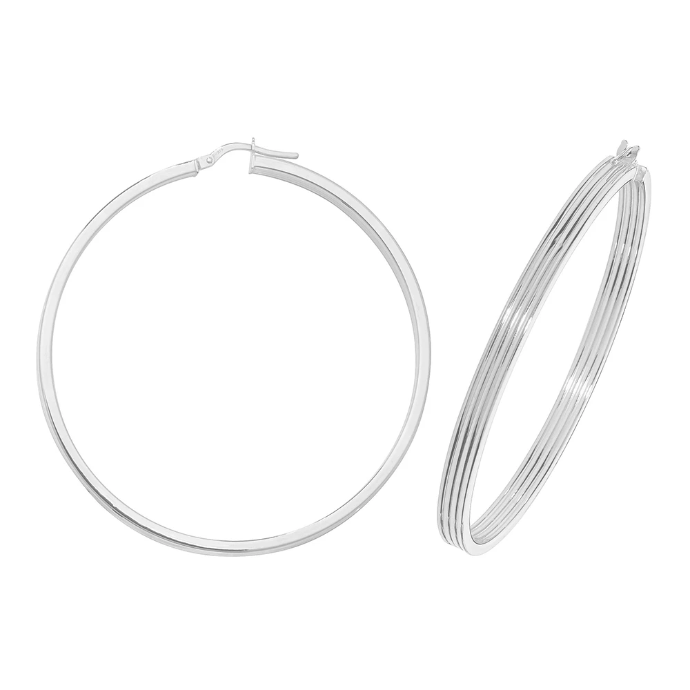 plain metal flat ribbed hollow hoop earring (50mm)