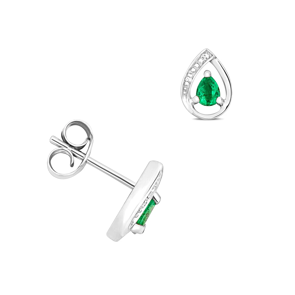 3 prong setting pear shape emerald gemstone and side stone earring