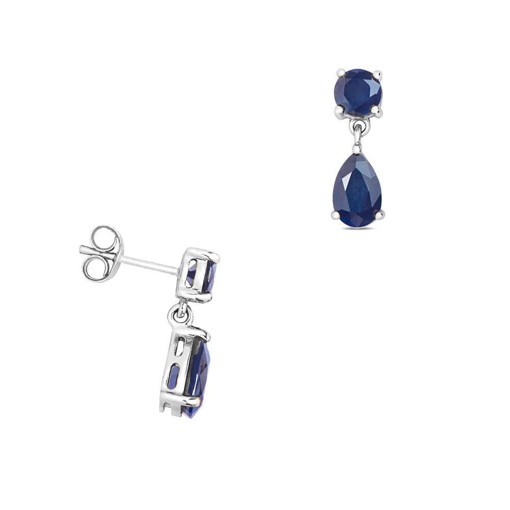 prong setting pear and round shapeblue sapphire gemstone dangling earring