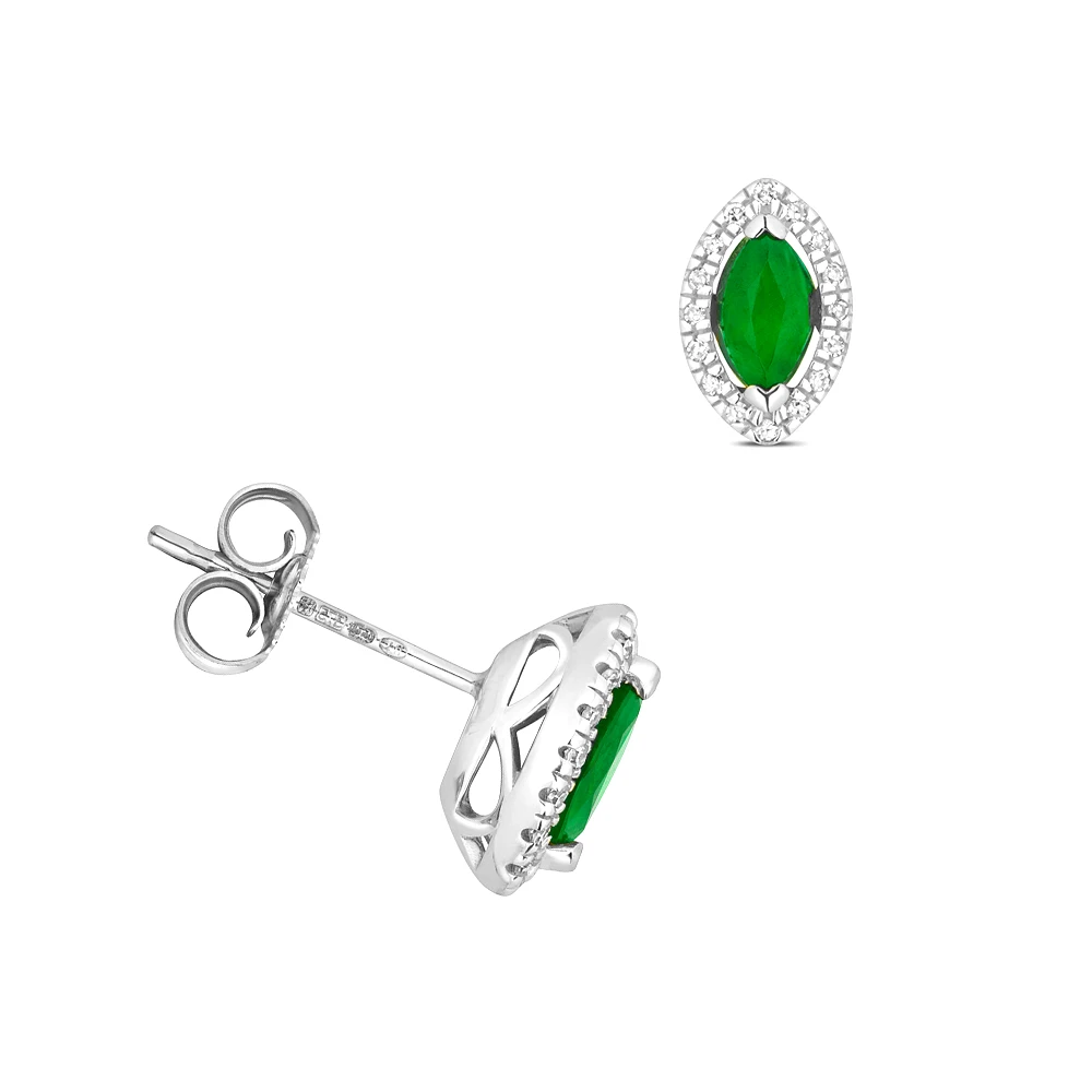 prong setting marquise shape emerald gemstone and side stone earring