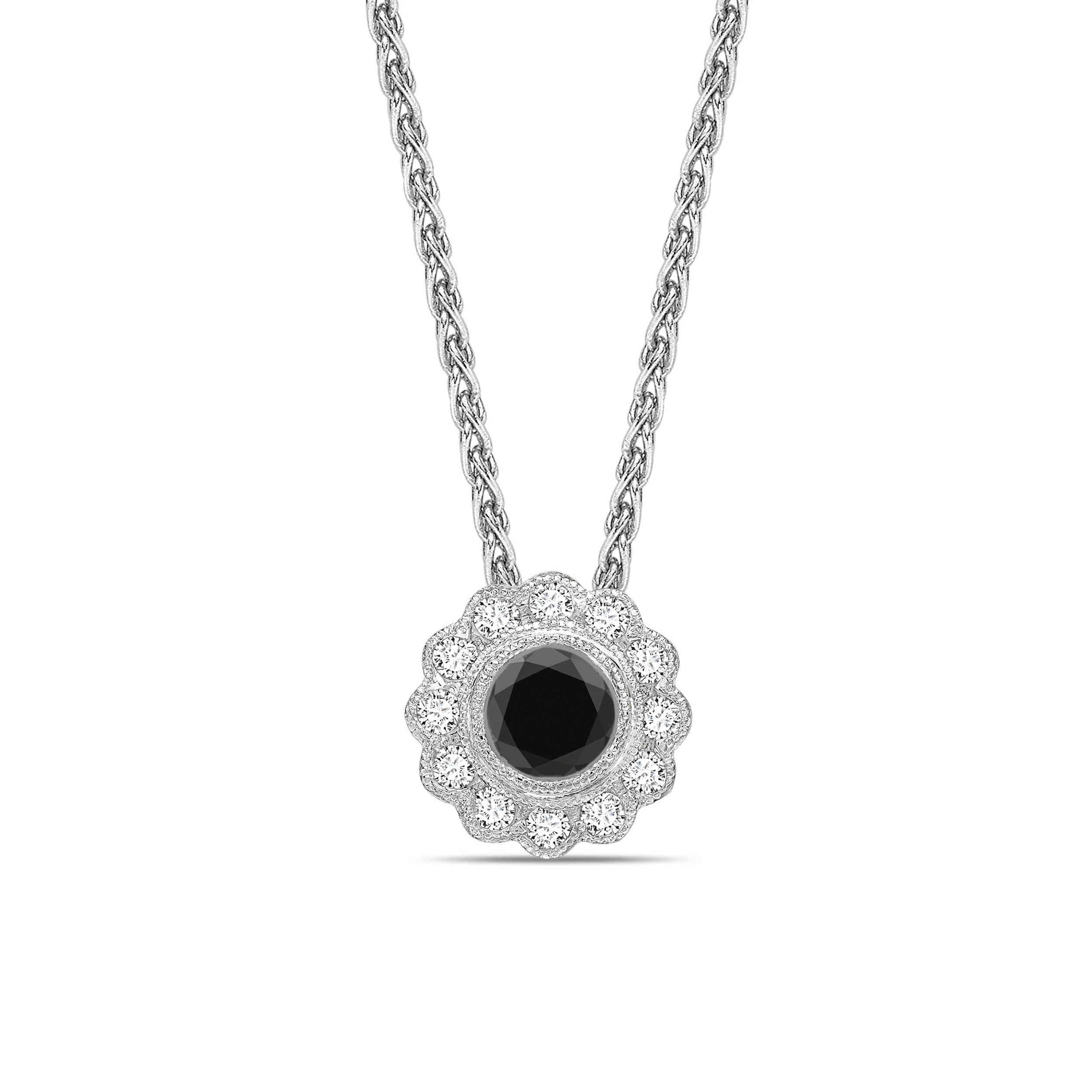 Halo Style Black Diamond Solitaire Pendants Necklace in Miligrain Round Cut
