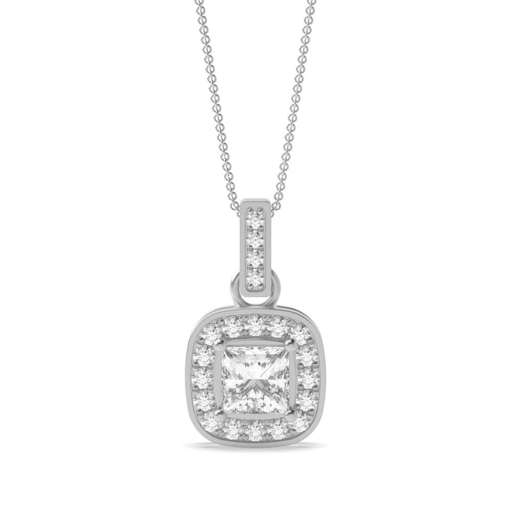 Pave Set Princess Shape Halo Diamond Necklace
