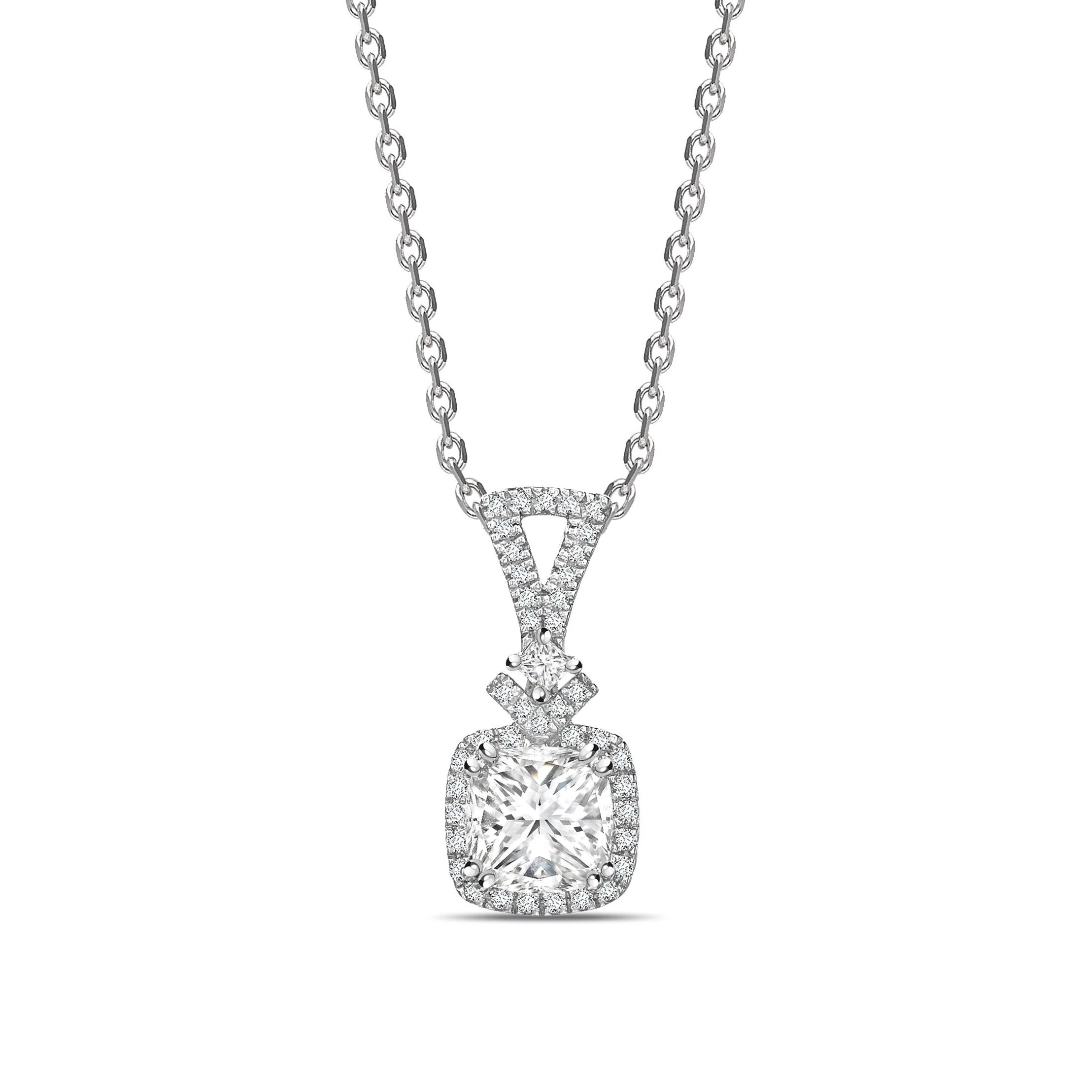 Modern Design Princess Shape Halo Diamond Necklace