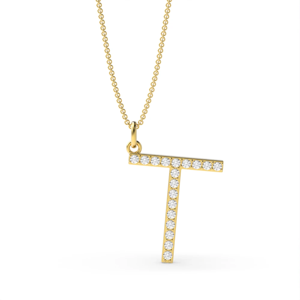 Letter 'T' Diamond Initial Pendant Necklaces in White, Yellow And Rose Gold(17mm X 14mm )