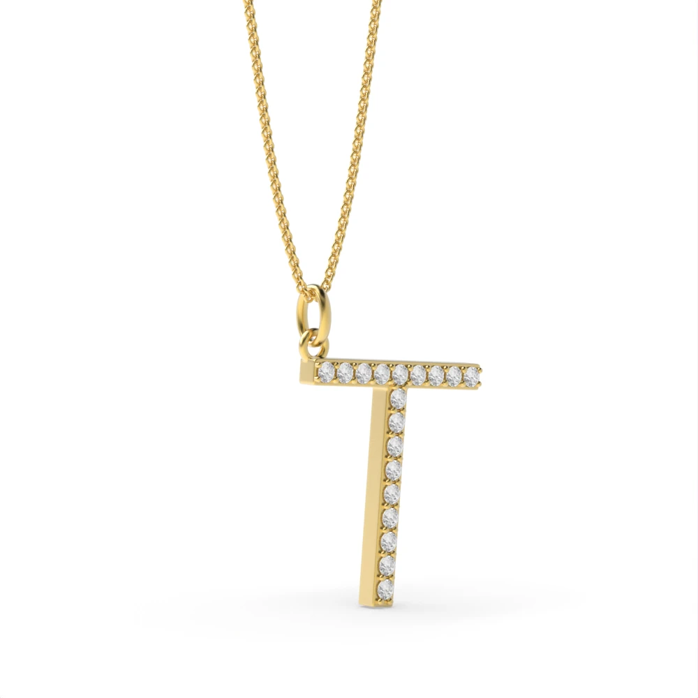 Letter 'T' Diamond Initial Pendant Necklaces in White, Yellow And Rose Gold(17mm X 14mm )