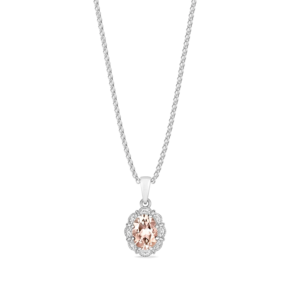 prong setting oval shape floral style morganite gemstone and side stone pendant(8 MM X 16 MM)