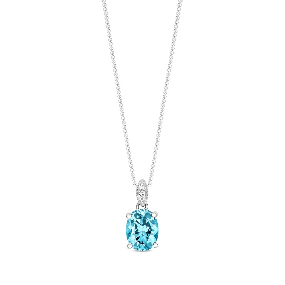 prong setting oval shape blue topaz gemstone and side stone pendant