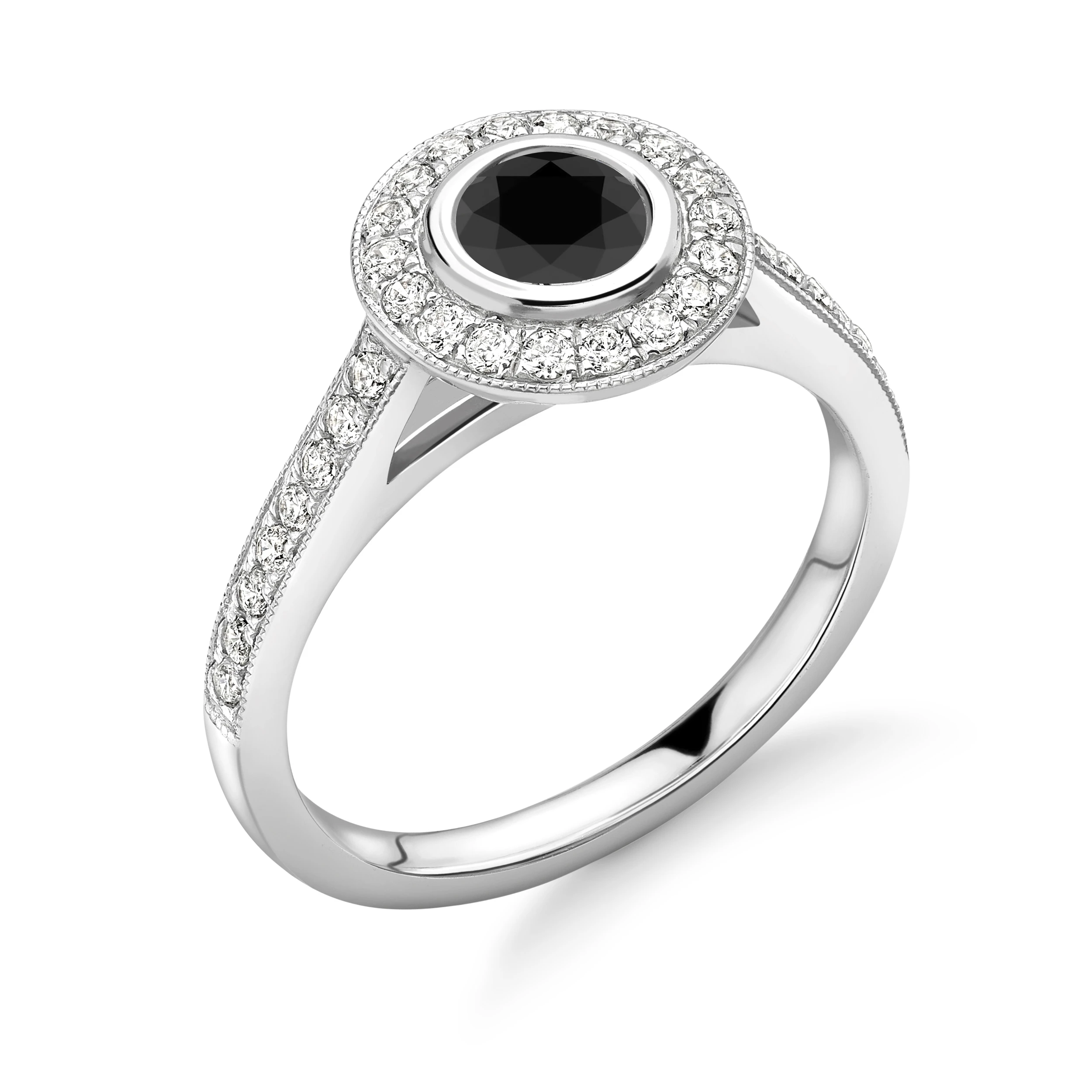 Bezel Setting With Miligrain Edge Halo Engagement Ring With Black Diamond