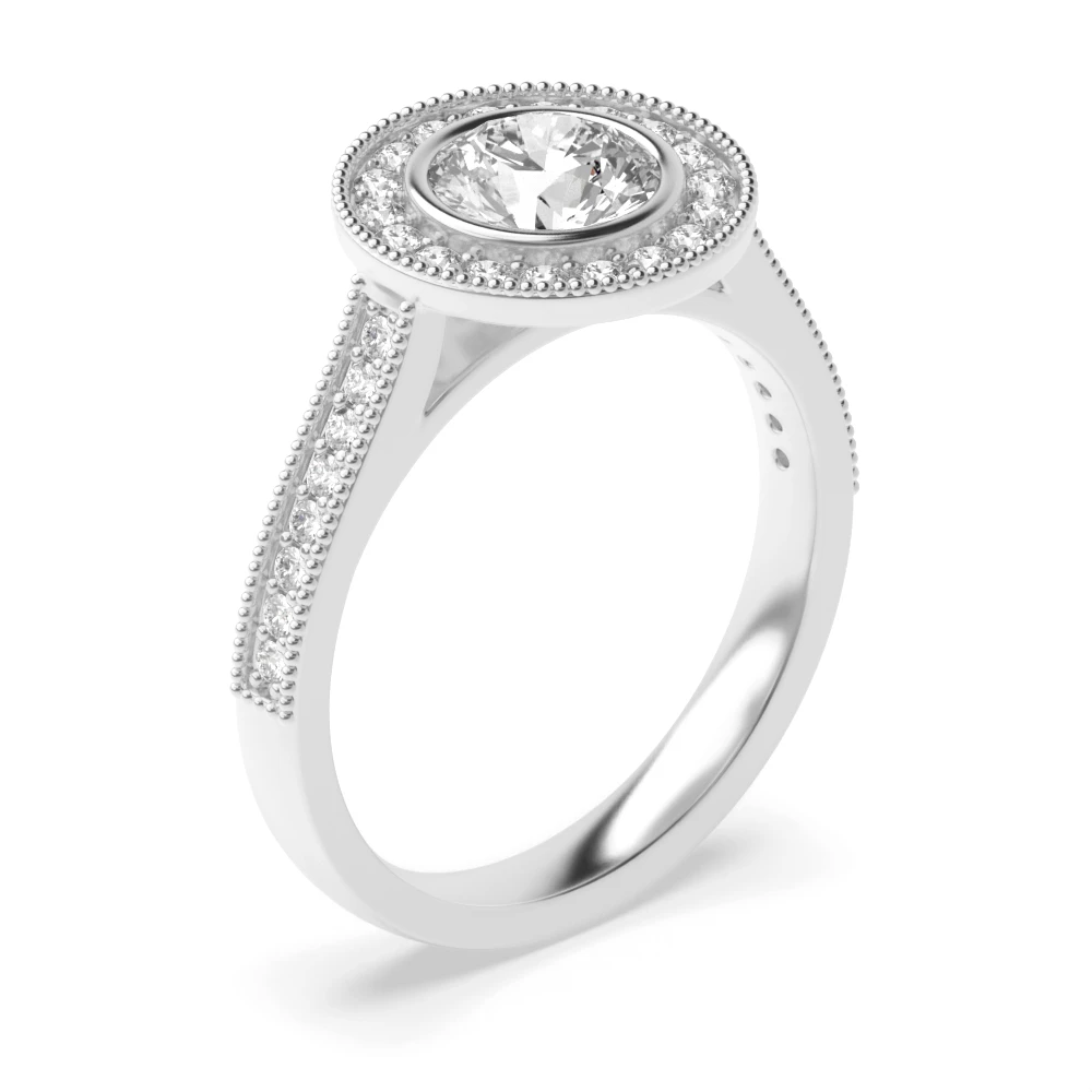 Bezel Setting Round Shape Miligrain Edge Halo Diamond Engagement Rings