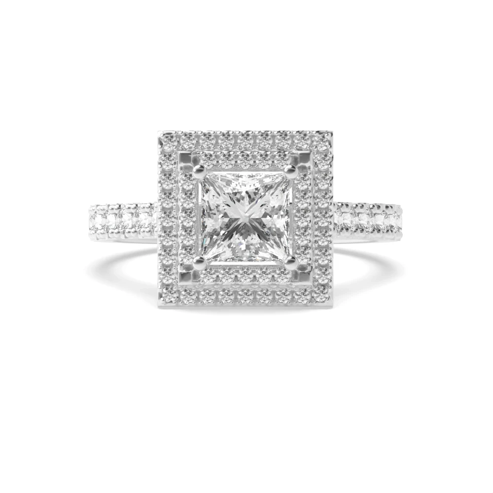 4 Prong Setting Princess Shape 2 Row Halo Diamond Engagement Rings