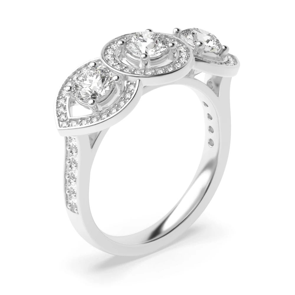 Prong Setting Round Shape 3 Stone Halo Diamond Engagement Rings