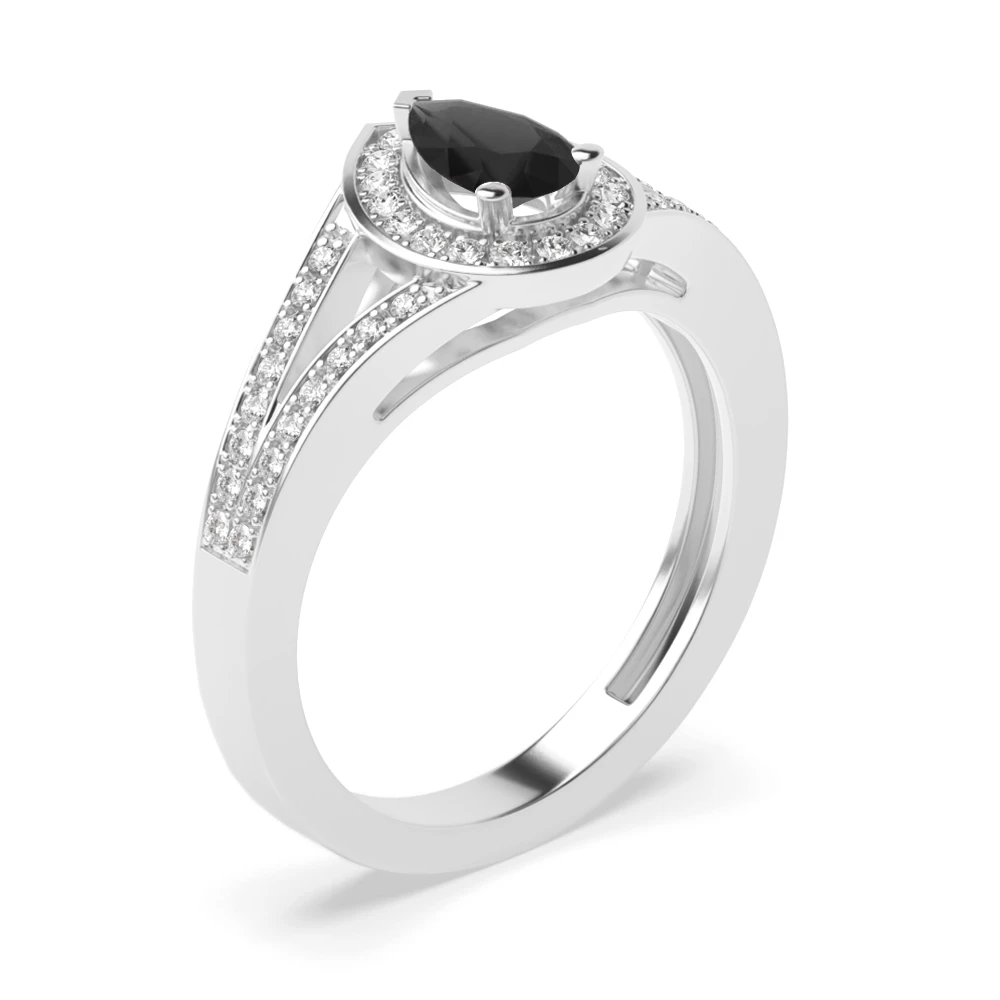 Prong Setting Pear Shape 2 Row Shoulder Halo Black Diamond Engagement Rings