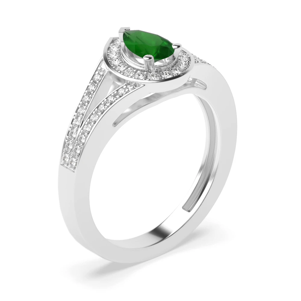 Prong Setting Pear Shape 2 Row Shoulder Halo Emerald Engagement Rings