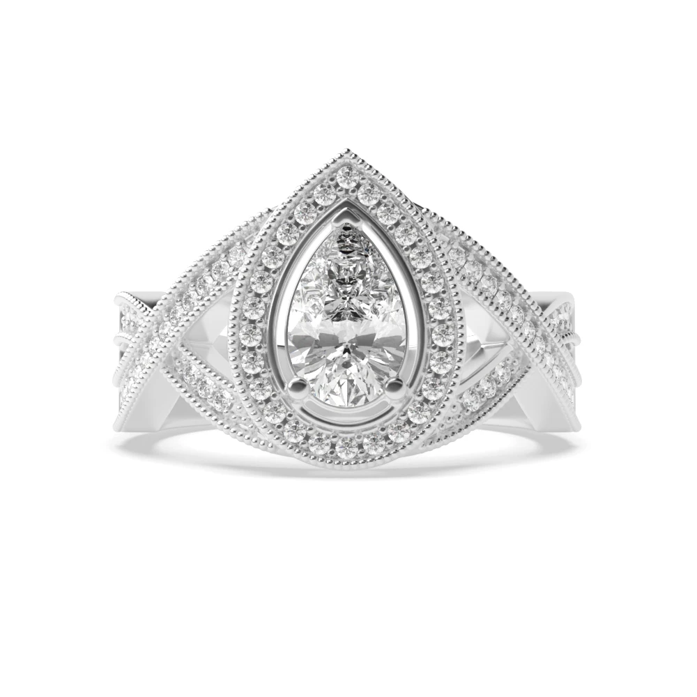 Prong Setting Pear Shape Cross Over Shoulder with Miligrain Halo Diamond Engagement Rings