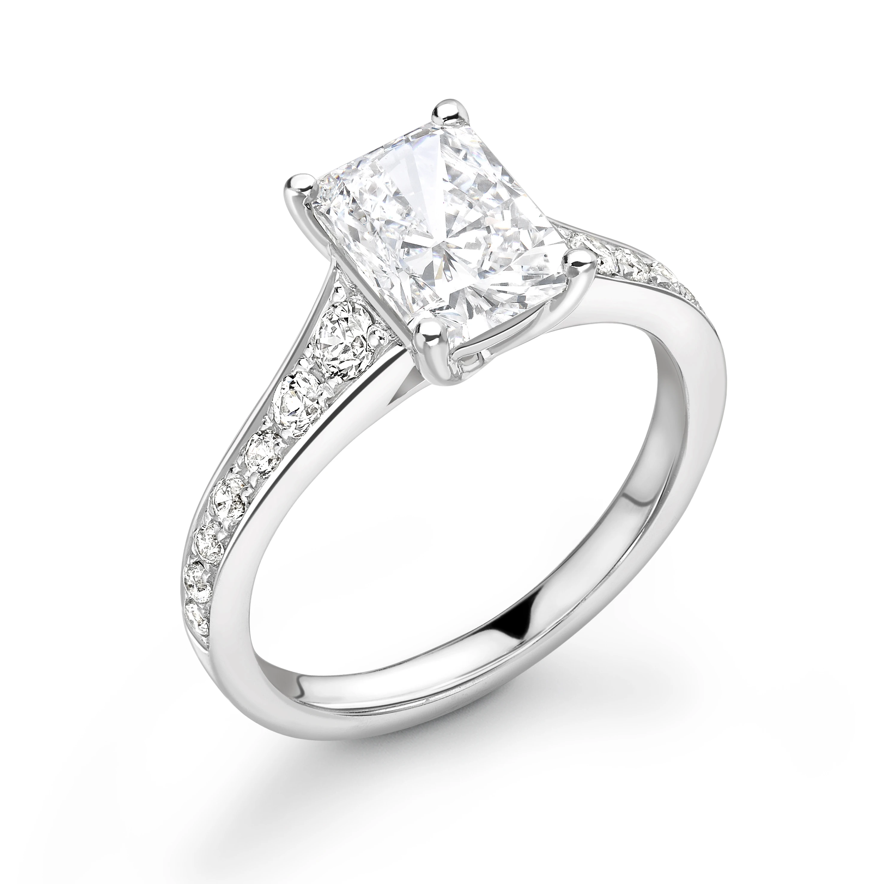 Tapering Up Shoulder Radiant Diamond Engagement Ring in Gold and Platinum