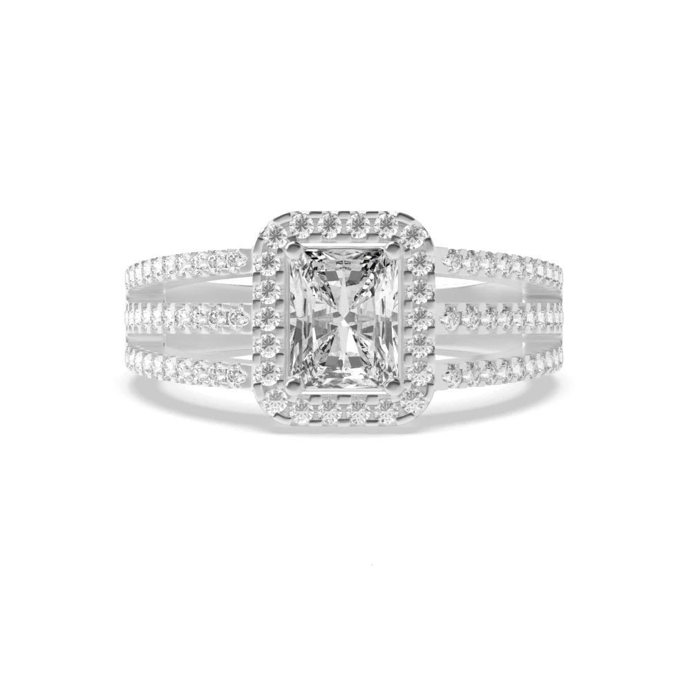 4 Prong Setting Radiant Shape 3 Row Shoulder Halo Diamond Engagement Rings