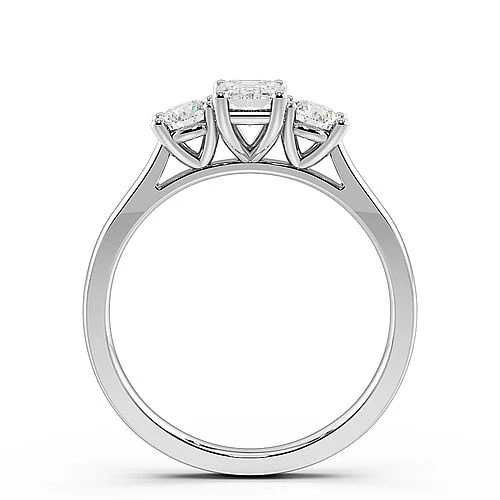 4 Prong Set Emerald Shape Trilogy Diamond Rings in White gold