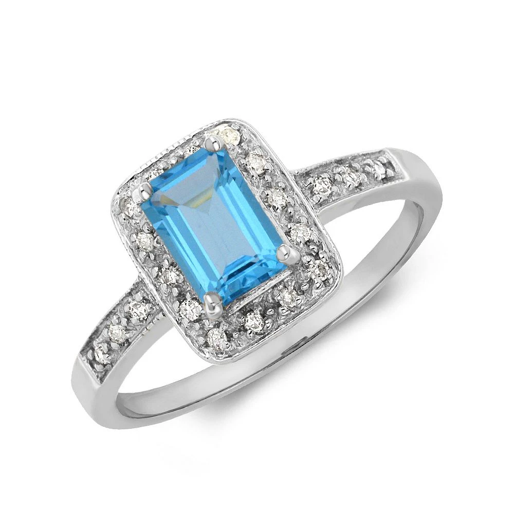 Gemstone Ring With 0.85ct Emerald Shape Blue Topaz and Diamonds