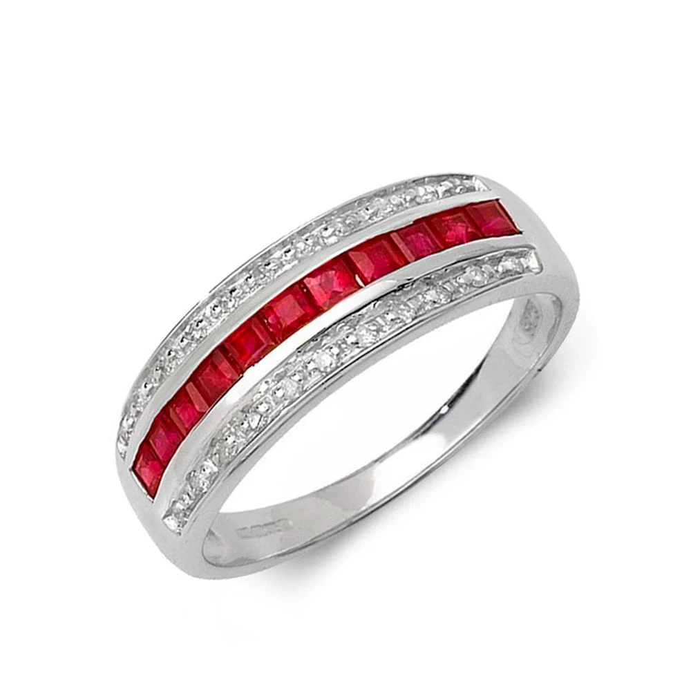 Three Row Channel Set Diamond and ruby Gemstone Ring