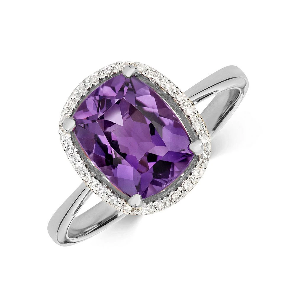 Gemstone Ring With 9X7mm Cushion Shape Amethyst and Diamonds
