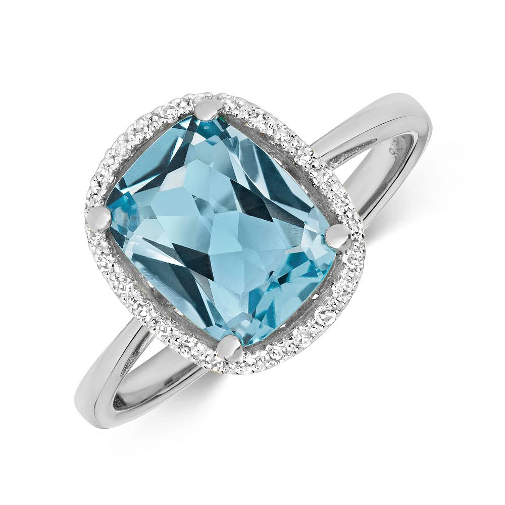 Gemstone Ring With 9X7mm Cushion Shape Blue Topaz and Diamonds