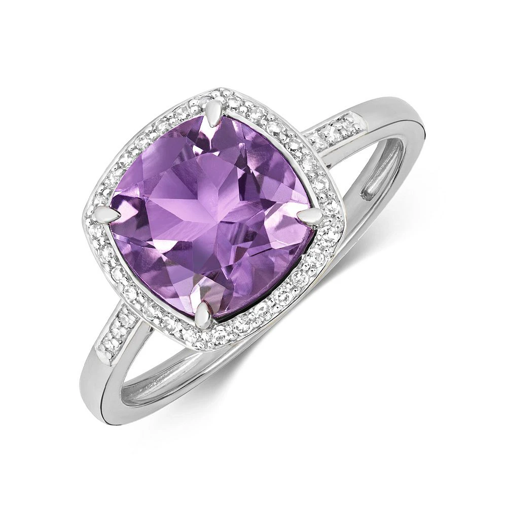 Gemstone Ring With 8X8mm Cushion Shape Amethyst and Diamonds