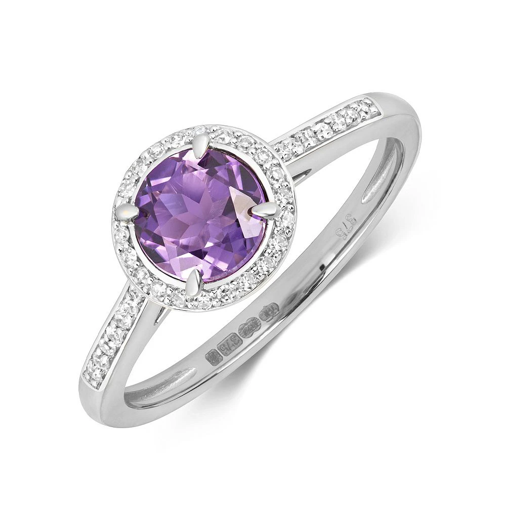 Gemstone Ring With 6.0mm Round Shape Amethyst and Diamonds