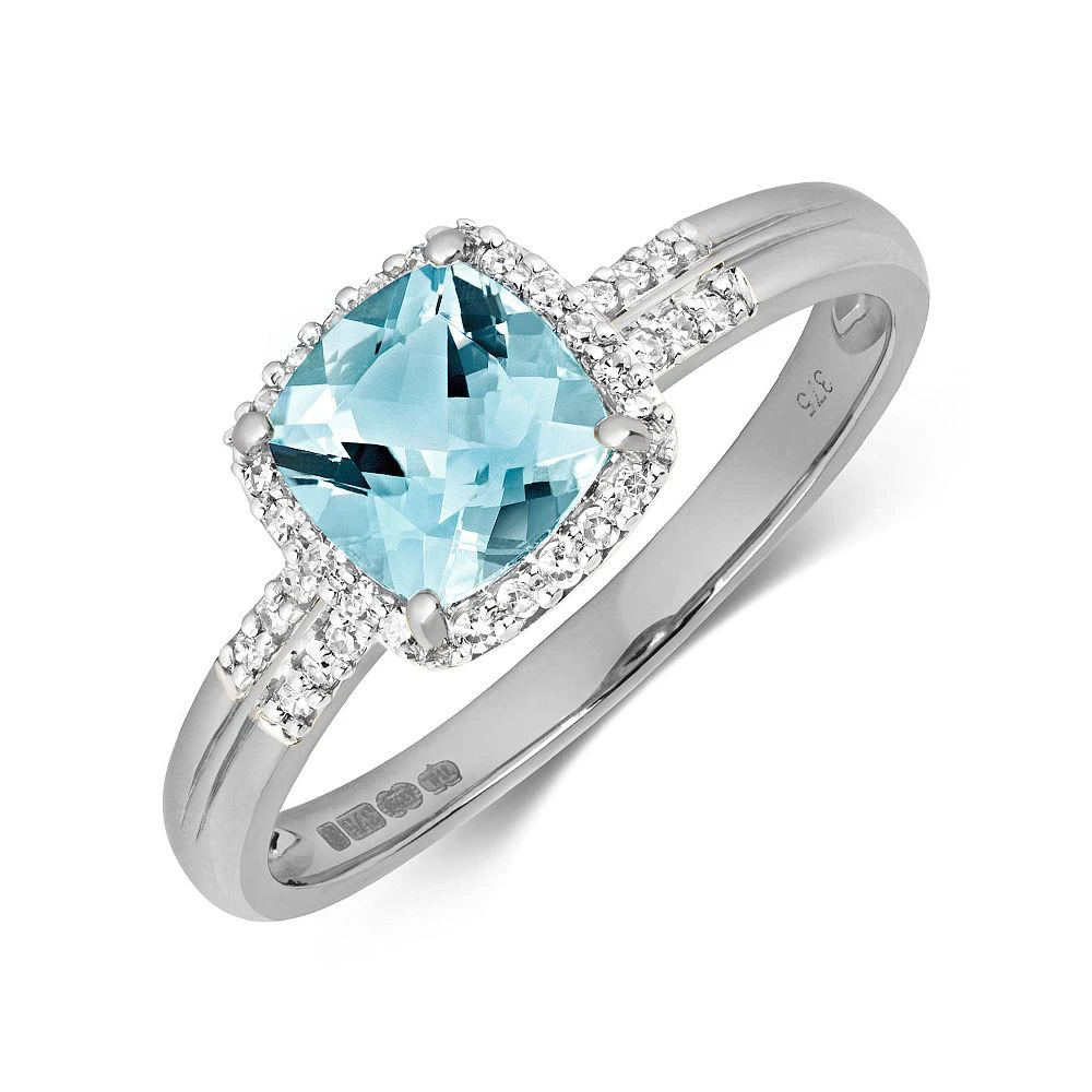 Gemstone Ring With 6.0mm Cushion Shape Blue Topaz and Diamonds