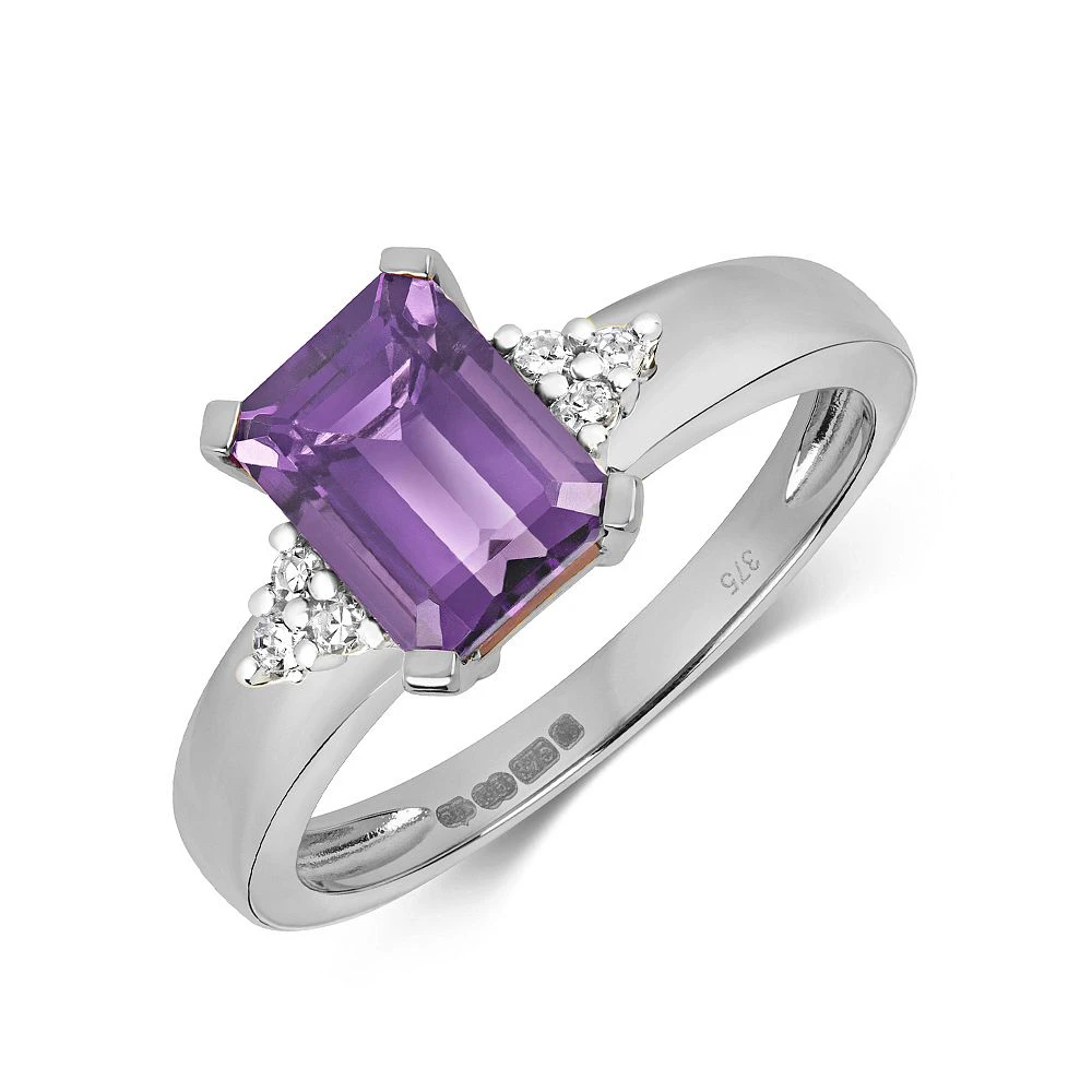 Gemstone Ring With 9X6mm Emerald Shape Amethyst and Diamonds