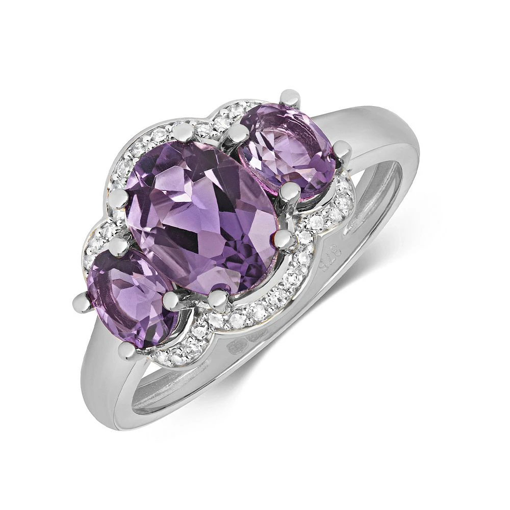 Gemstone Ring With 8X6 & 5X4mm Oval Shape Amethyst and Diamonds