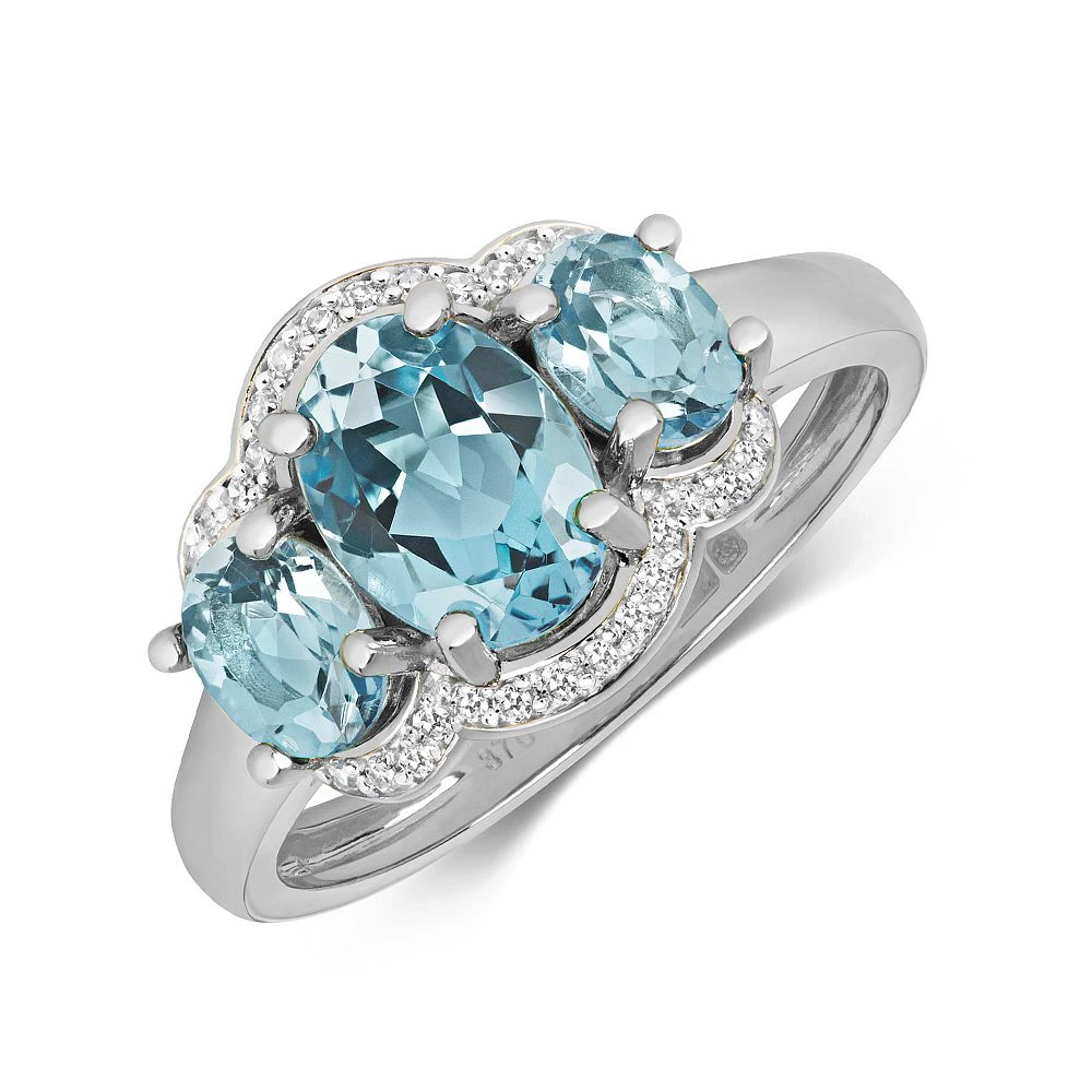 Gemstone Ring With 8X6 & 5X4mm Oval Shape Blue Topaz and Diamonds
