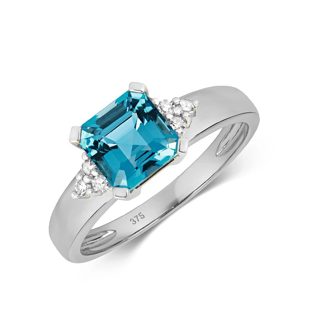 Gemstone Ring With 6.5mm Asscher Shape Blue Topaz and Diamonds