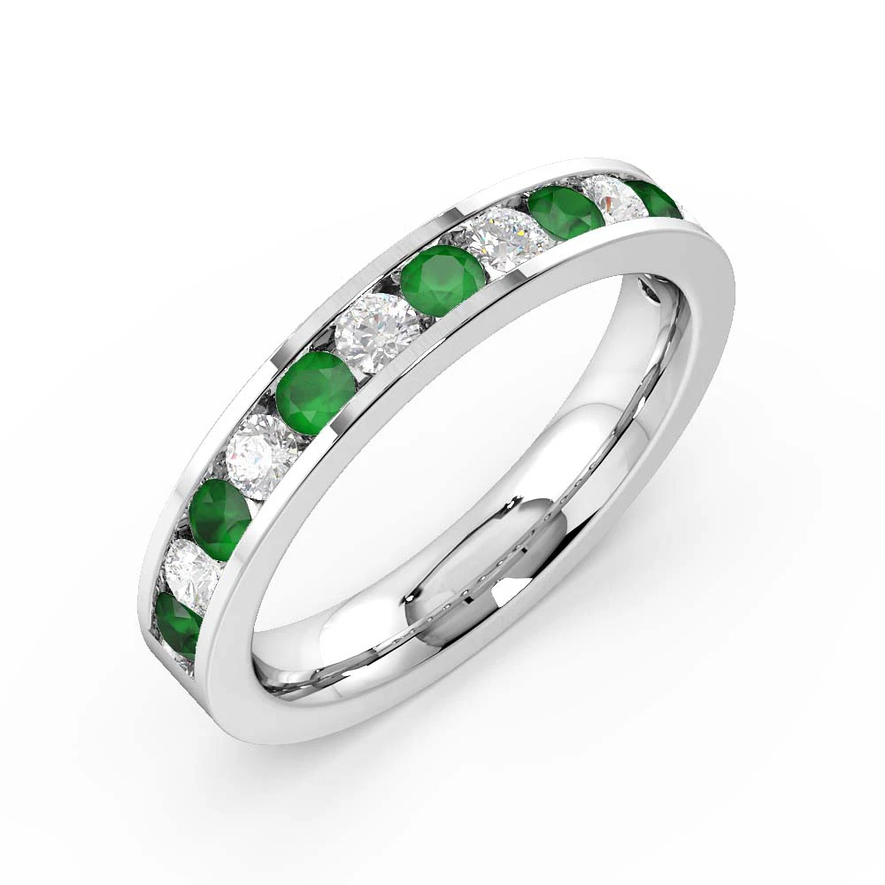 Channel Setting Round Half Eternity Emerald And Diamond Ring