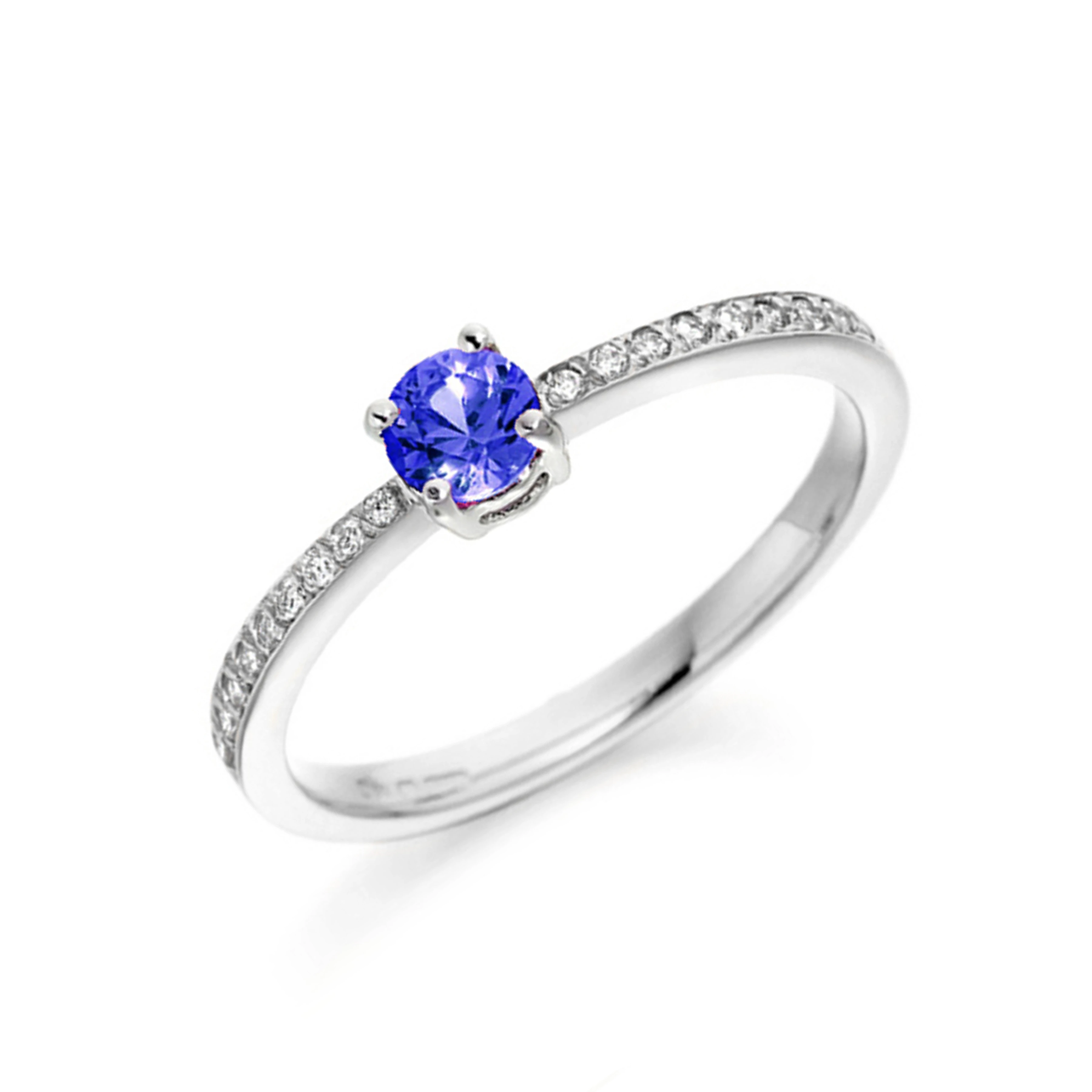 5X5mm Round Blue Sapphire Side Stone Diamond And Gemstone Engagement Ring