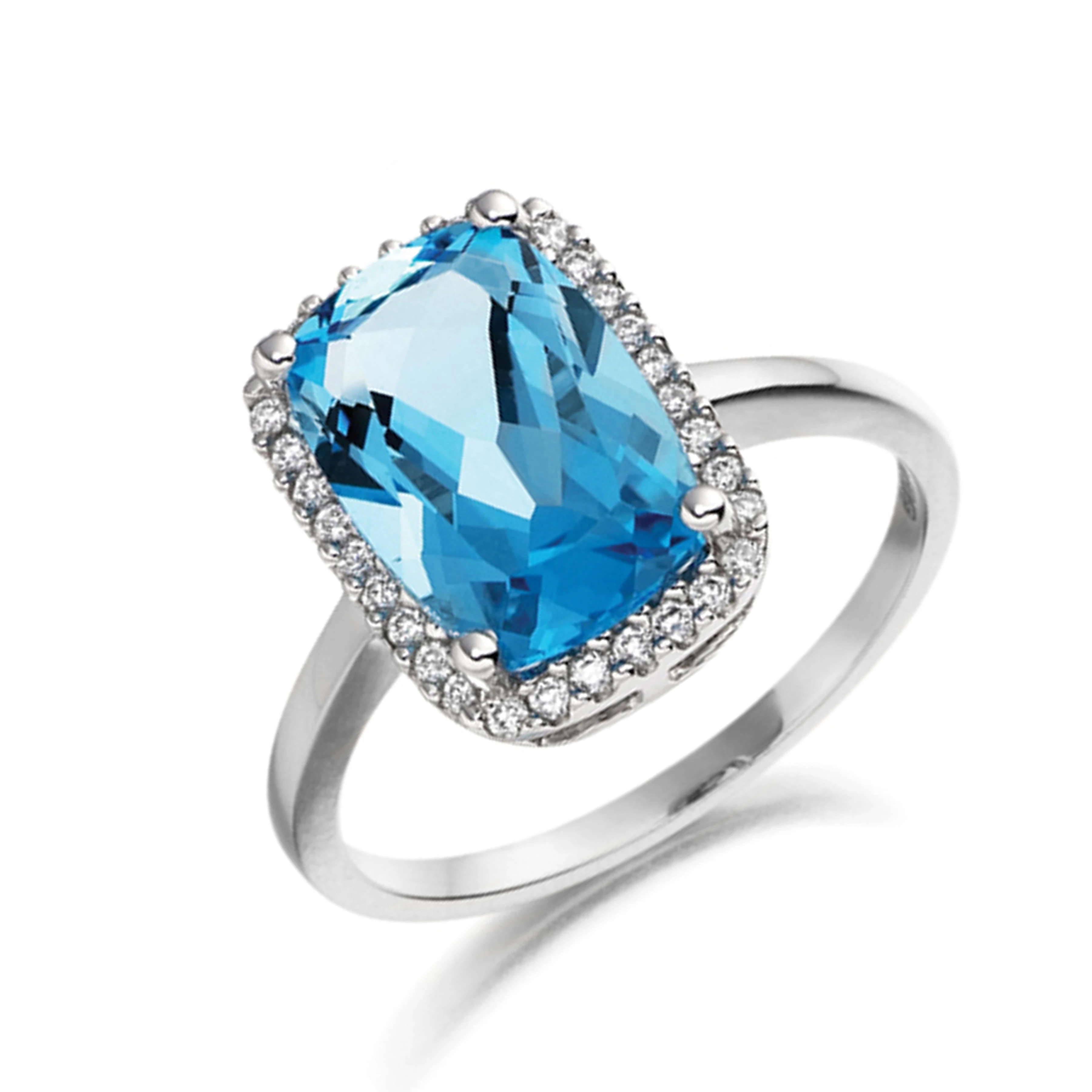 7X5mm Cushion Blue Topaz Stones On Shoulder Diamond And Gemstone Engagement Ring