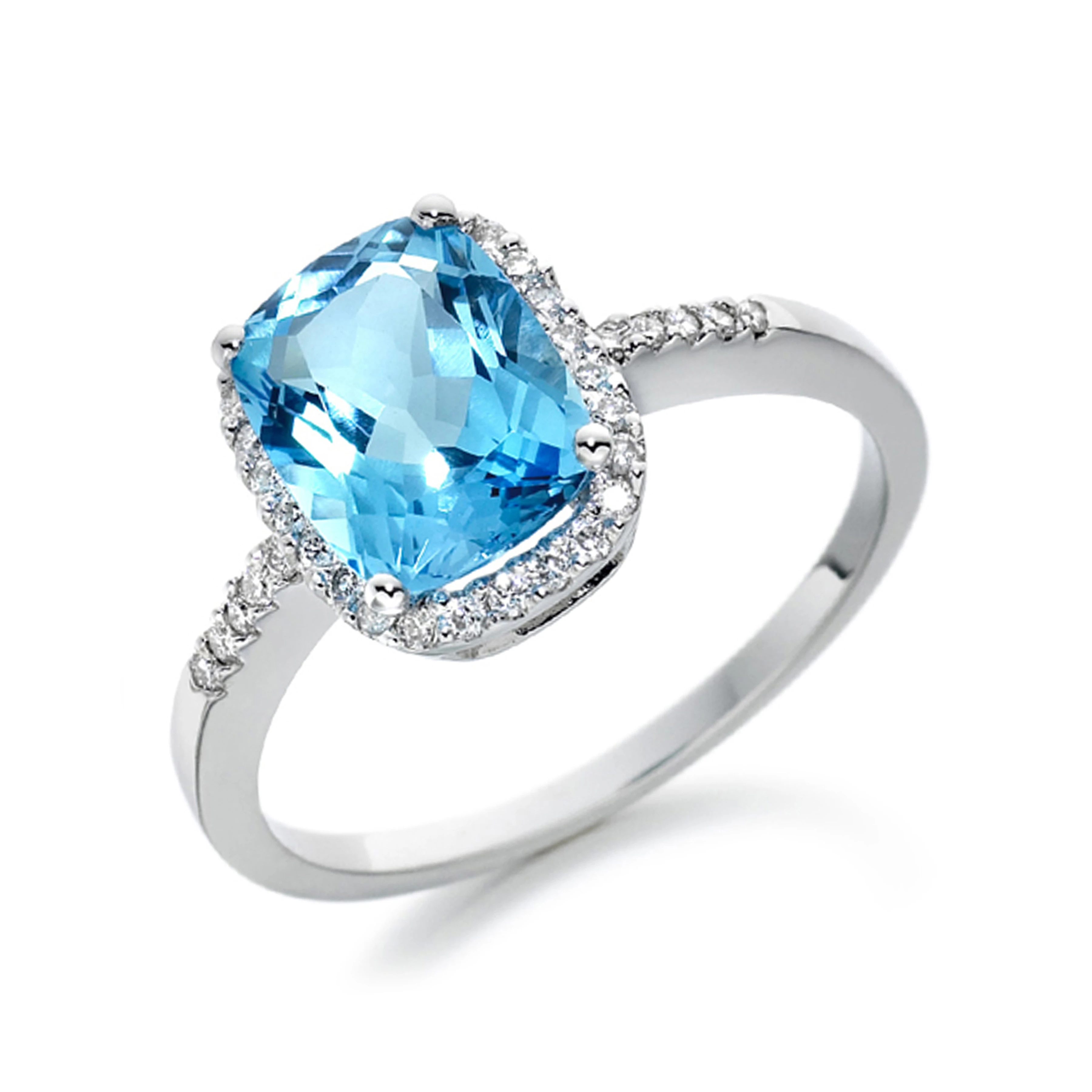 6X5mm Cushion Blue Topaz Stones On Shoulder Diamond And Gemstone Engagement Ring