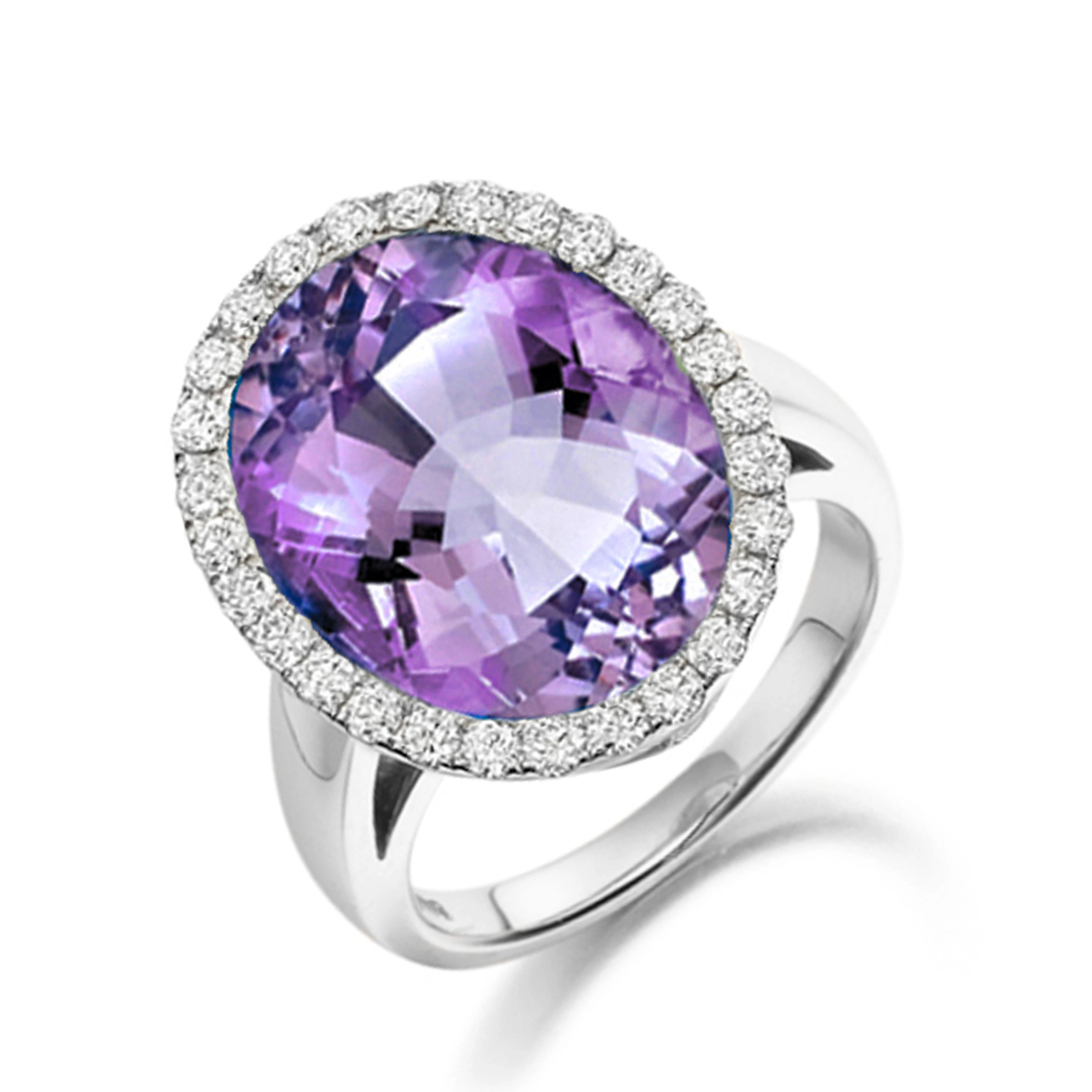 12X10mm Oval Amethyst Halo Diamond And Gemstone Engagement Ring