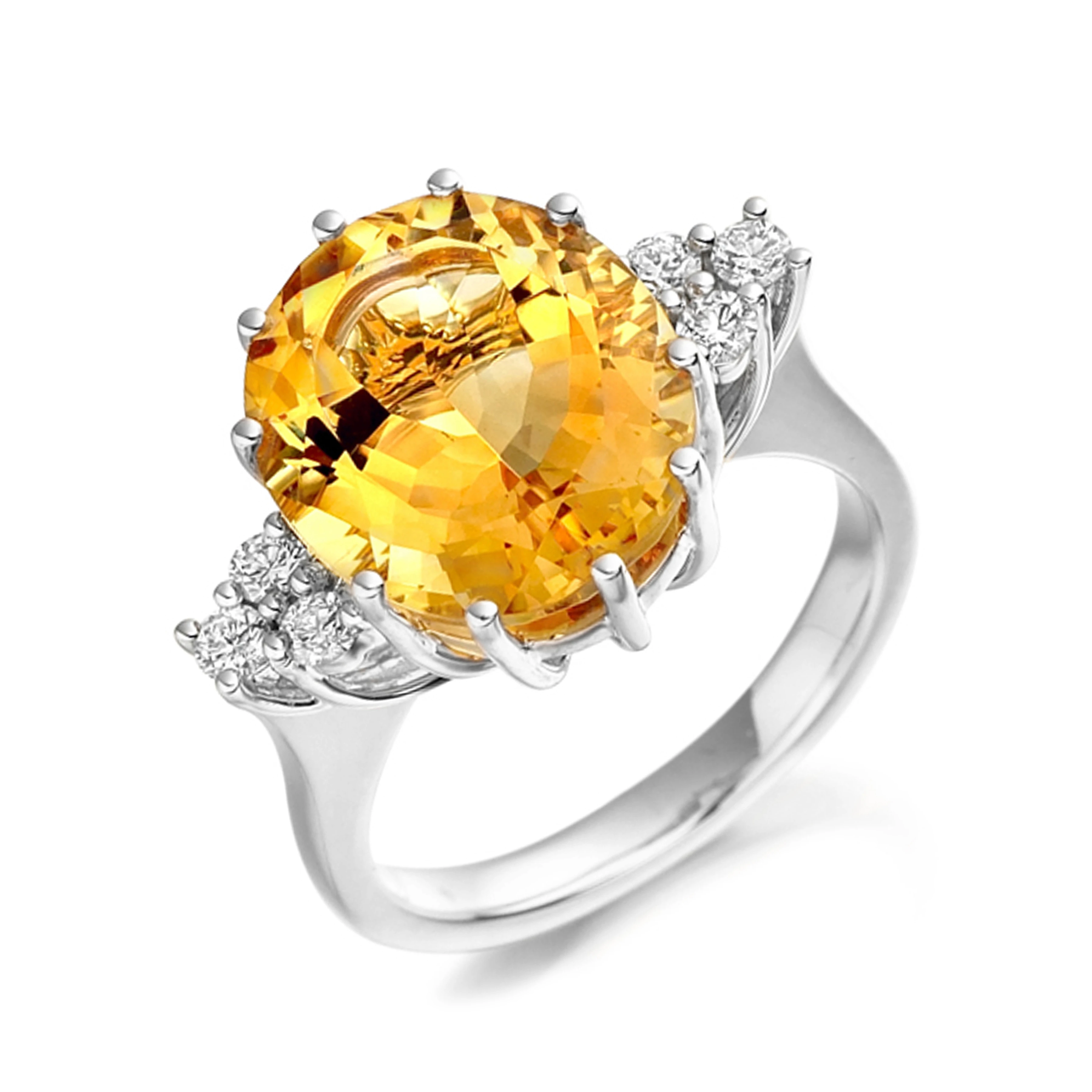 10X9mm Oval Citrine Side Stone Diamond And Gemstone Engagement Ring
