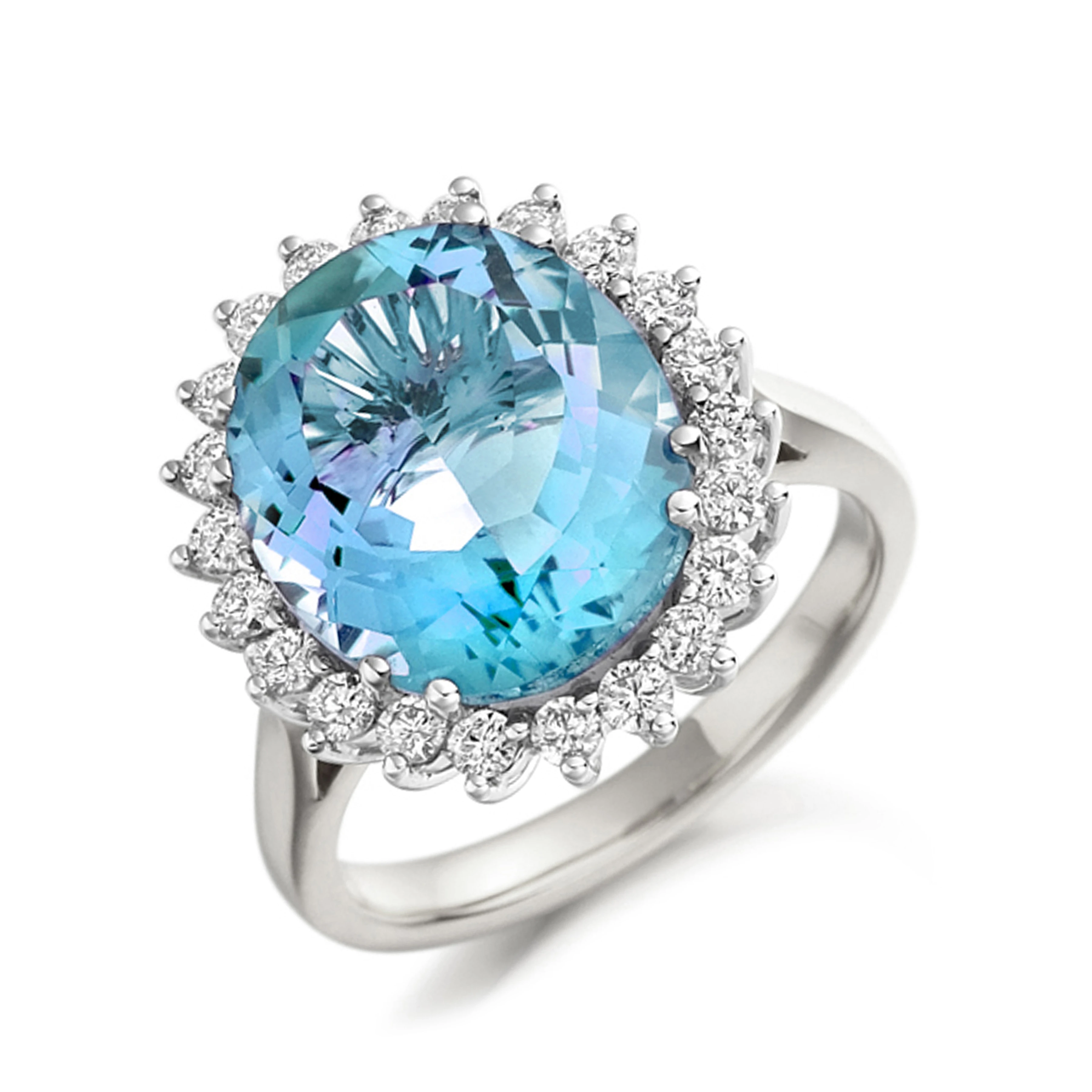 10X9mm Oval Blue Topaz Halo Diamond And Gemstone Engagement Ring