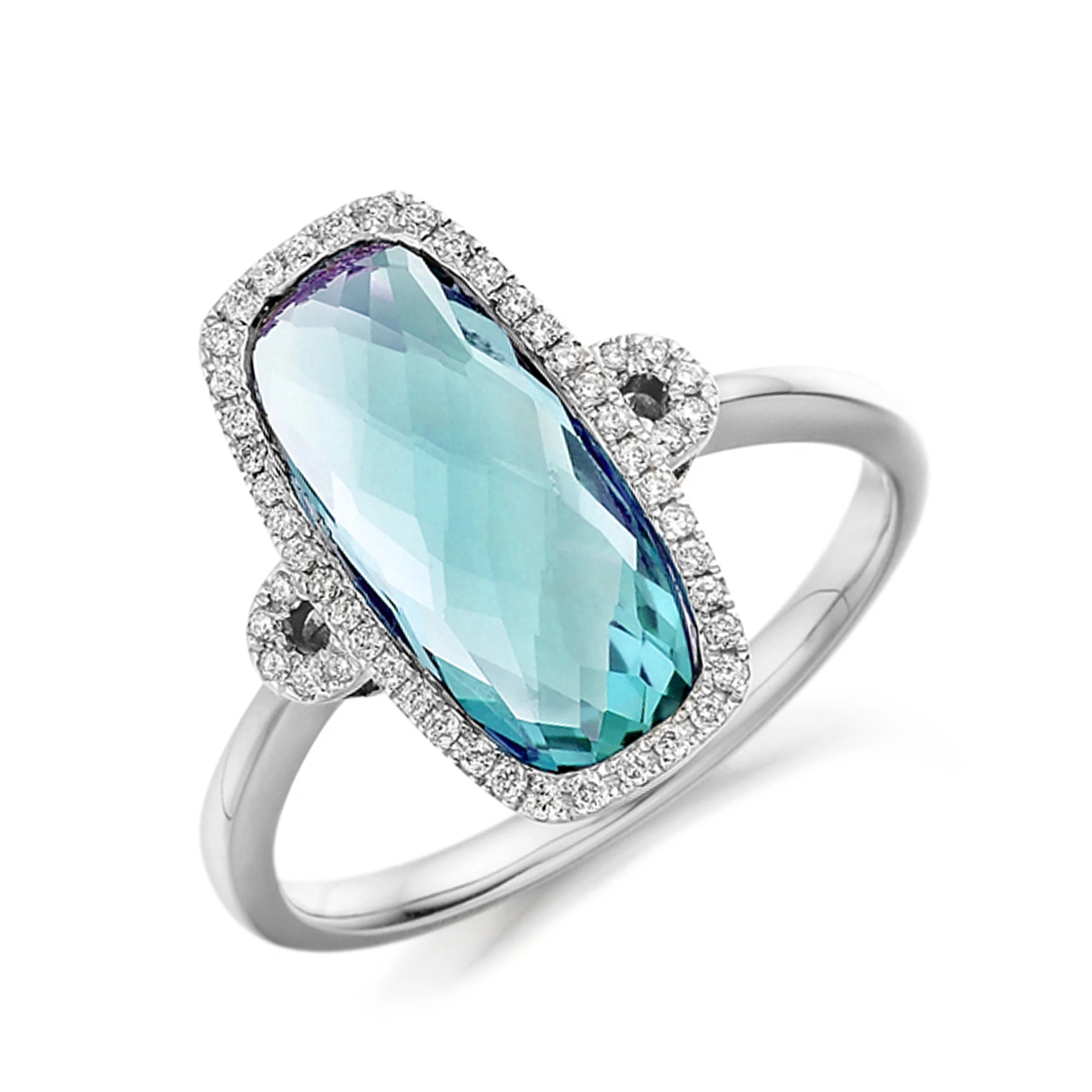 14X7mm Cushion Blue Topaz Halo Diamond And Gemstone Engagement Ring