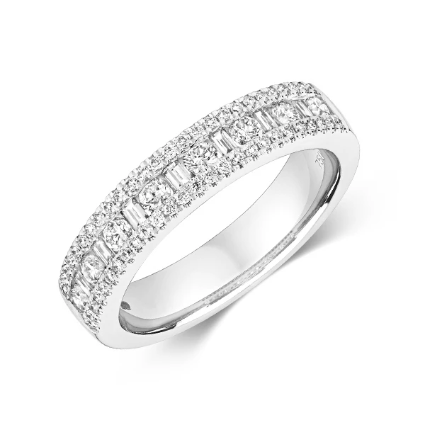 prong setting round and buguette half eternity diamond ring 